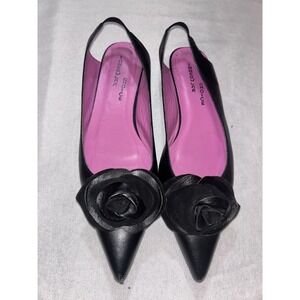 Irregular Choice Black Leather Flats embellished Bow Heart Heel Pointy Toe 7m